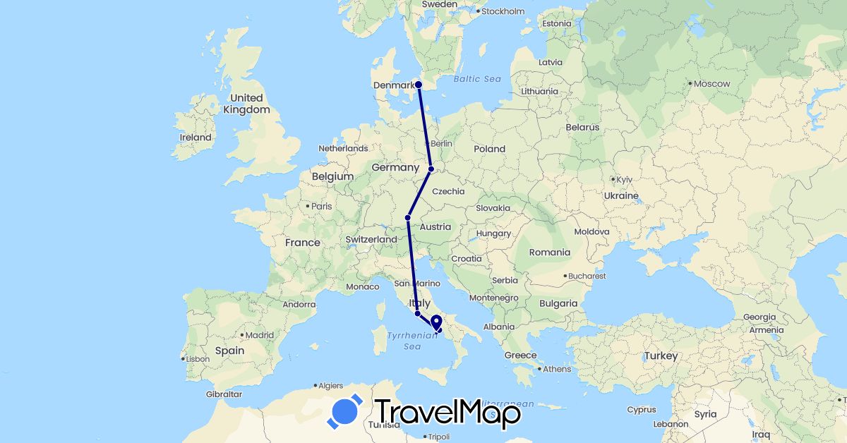 TravelMap itinerary: driving in Germany, Denmark, Italy (Europe)